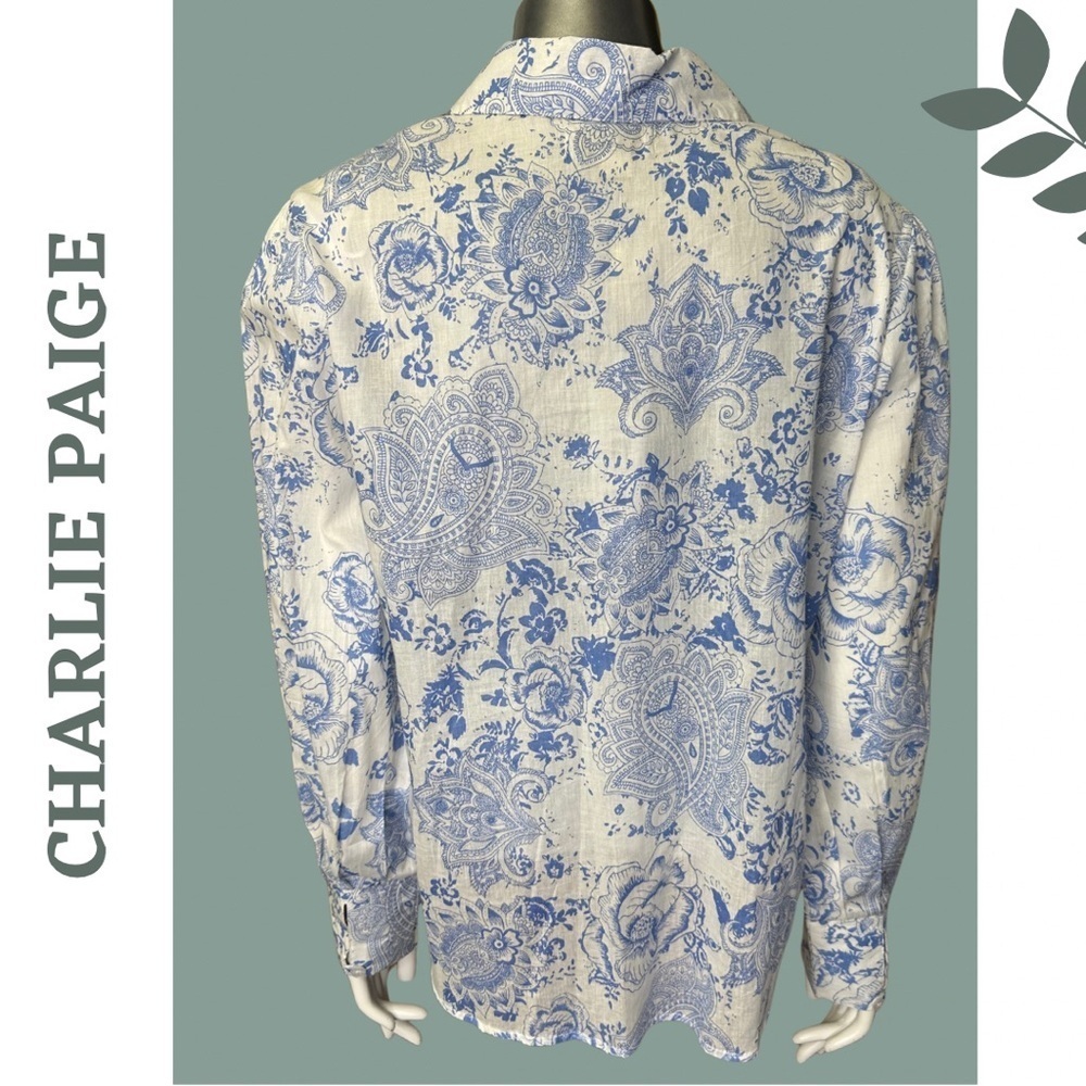 Charlie Paige Blue Paisley Cotton Blouse Medium NWT - Picture 5 of 9